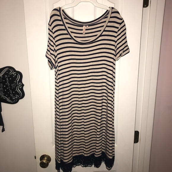 Navy Striped Dress with Lace Hem - Picture 1 of 3